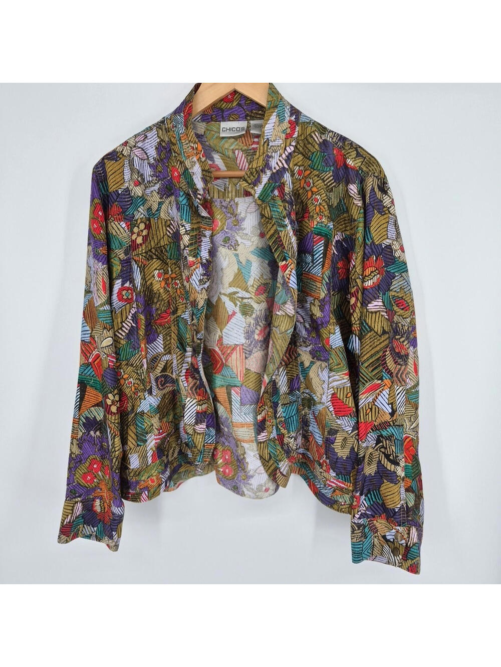 Chico's 100% Silk Jacket Women Sz: 3 (XL) Floral Multicolor Snap Button Cuffs